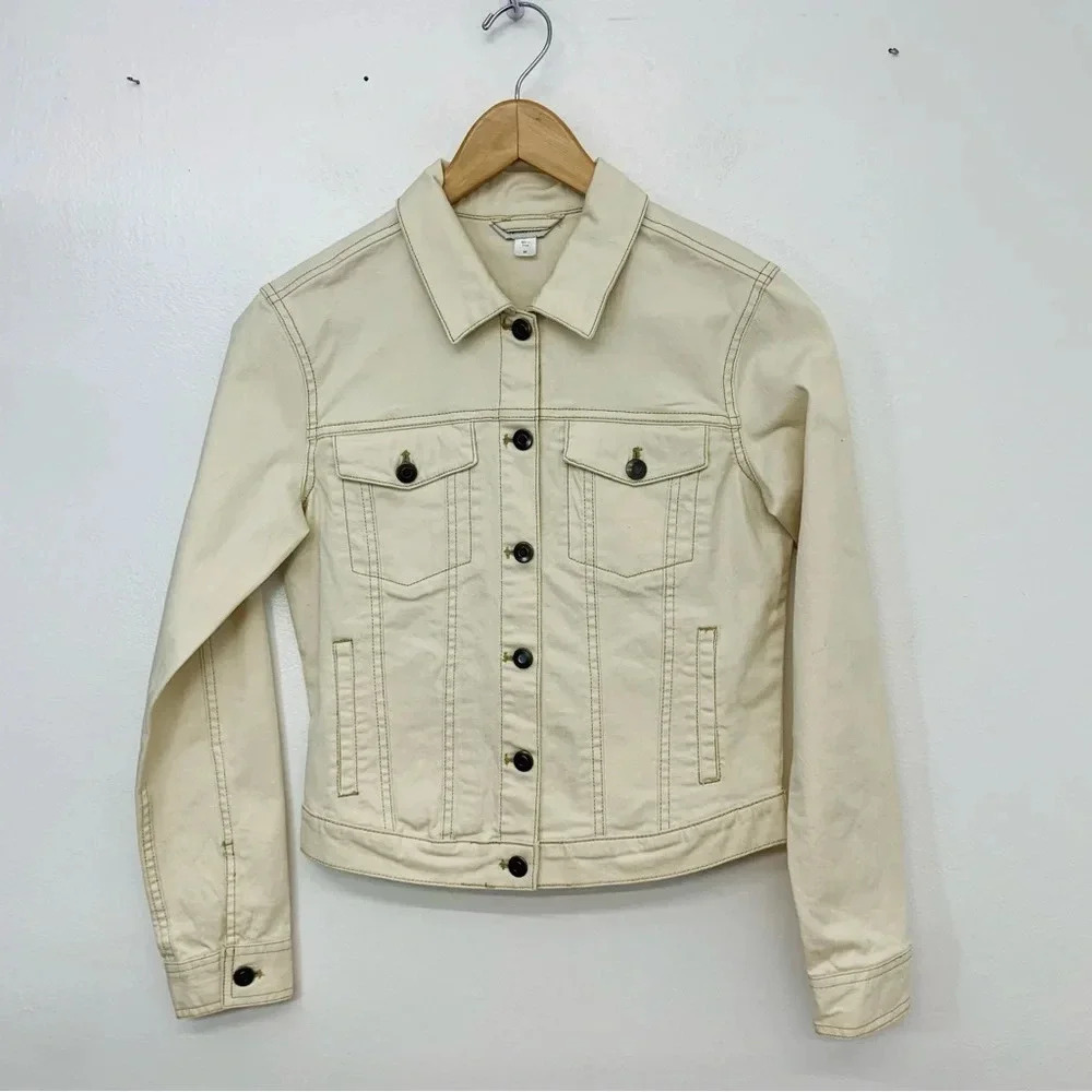 Garnet Hill Denim Jacket Woman 2  Cream Trucker Long Sleeve Pockets‎ Stretch